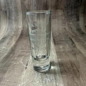 Harley Davidson Cancun Mexico Shot Glass Etched 4" Tall Shooter Clear Glass